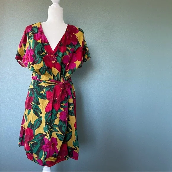 For Cynthia Dresses For Cynthia Linen Hibiscus Faux Wrap Dress